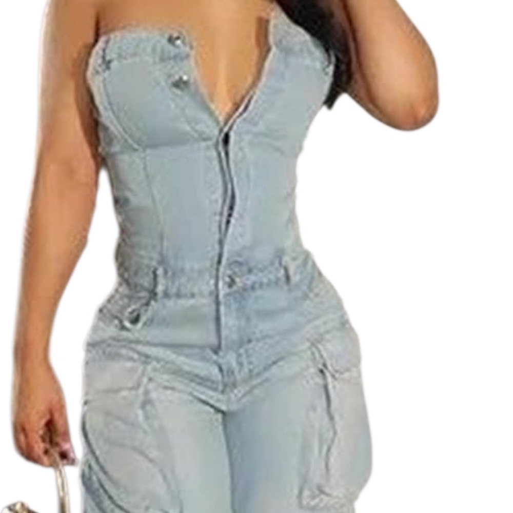 Fashion Nova Women's Strapless Blue Denim Jumpsuit - Picture 3 of 7